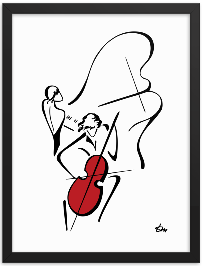 Cello Player — minimalist one continuous line art print by Tatyana Markovtsev