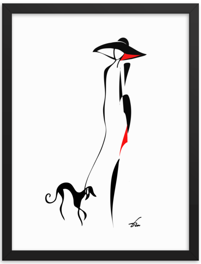 Lady and Her Dog — minimalist one continuous line art print by Tatyana Markovtsev (view 1)