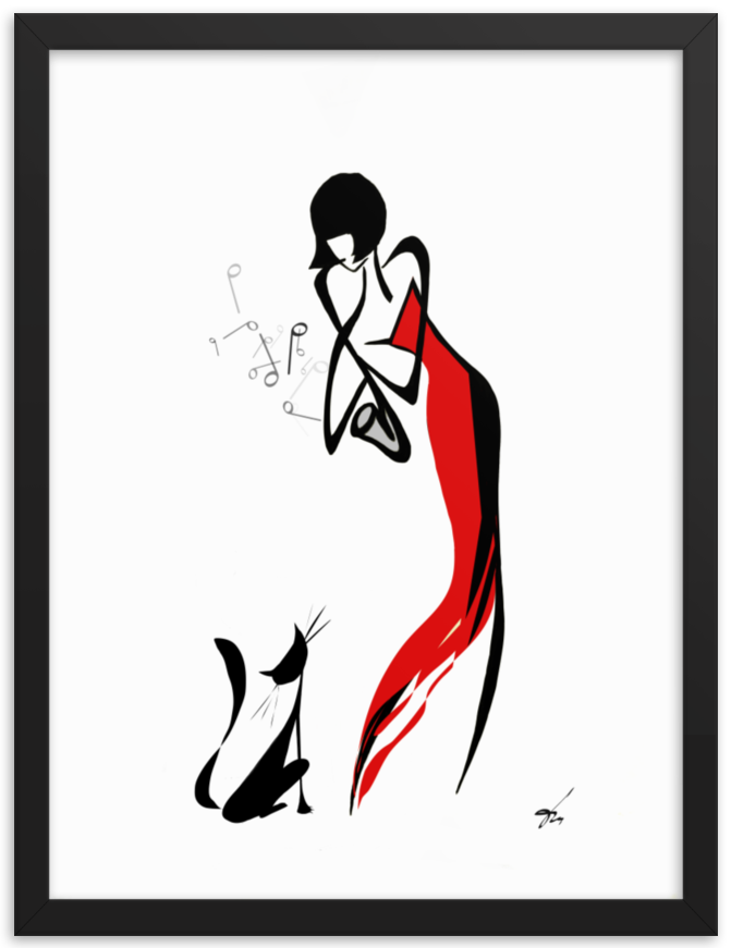 Sax for Cat — minimalist one continuous line art print by Tatyana Markovtsev (view 1)